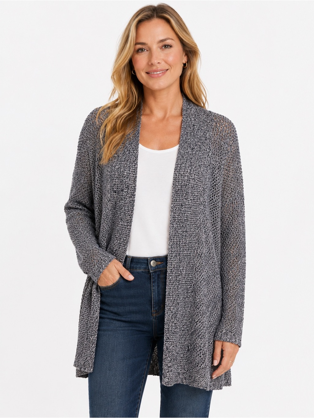 Eileen Fisher Navy and Cream Marled Open Front Cardigan, Size L